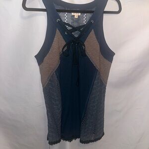 POL Navy Lace-Up Mixed-Knit Tank with Taupe Panels